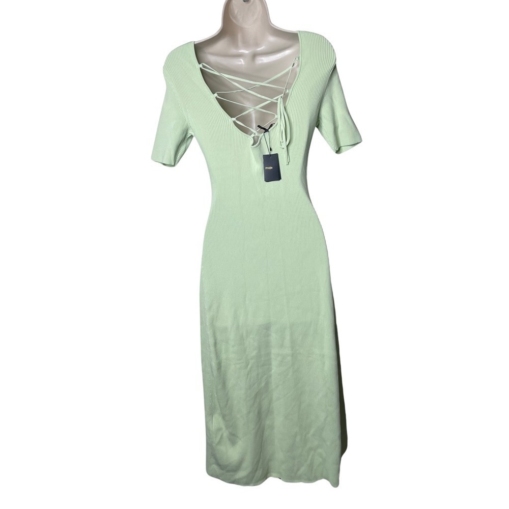 MAJE Ruched lace-up ribbed stretch-knitted Aline Short Sleeve midi dress sz 38 M - Picture 6 of 13